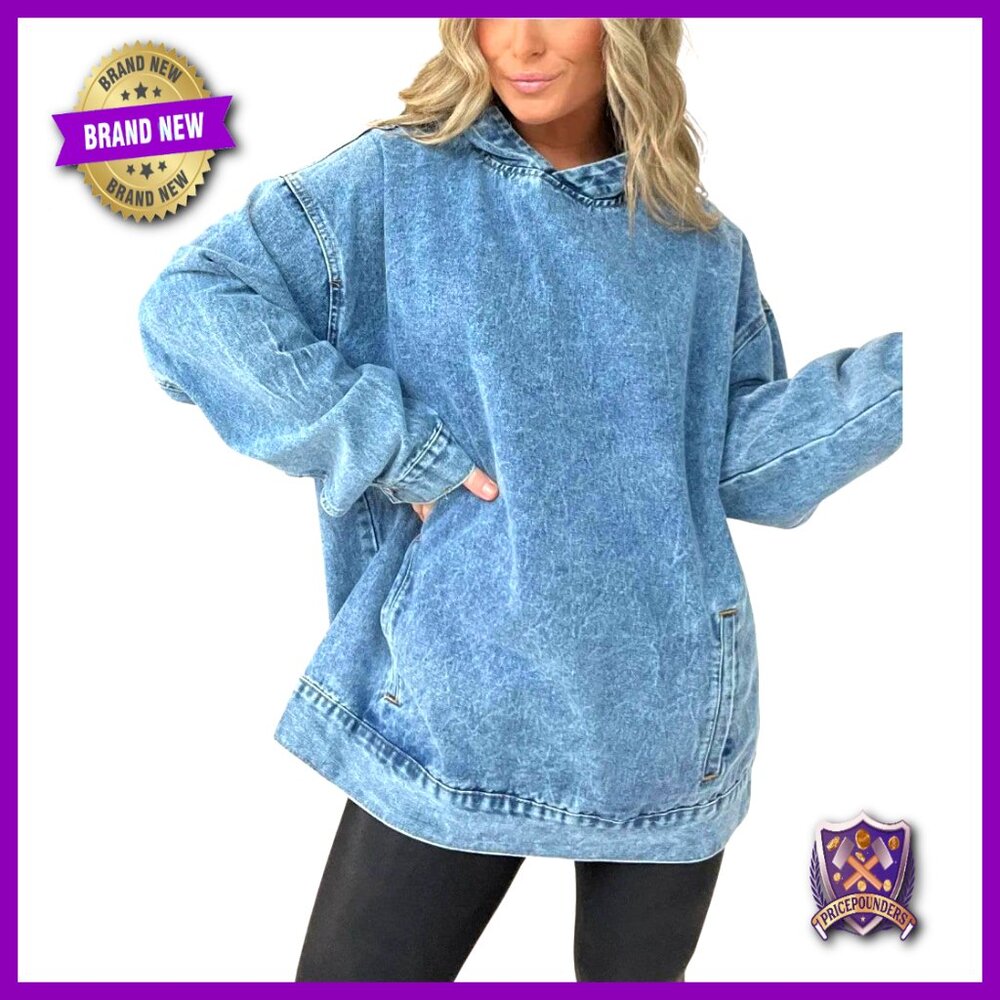 Vintage Distressed Denim Hoodie Pullover Jacket Oversized Y2k Chic Street Style